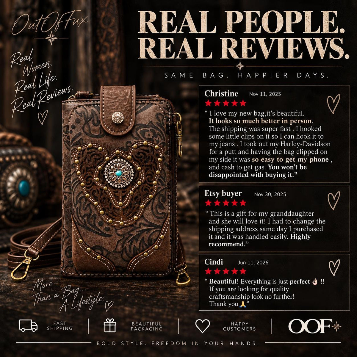 Brown Tooled Leather Crossbody Bag with Turquoise Stone Accent