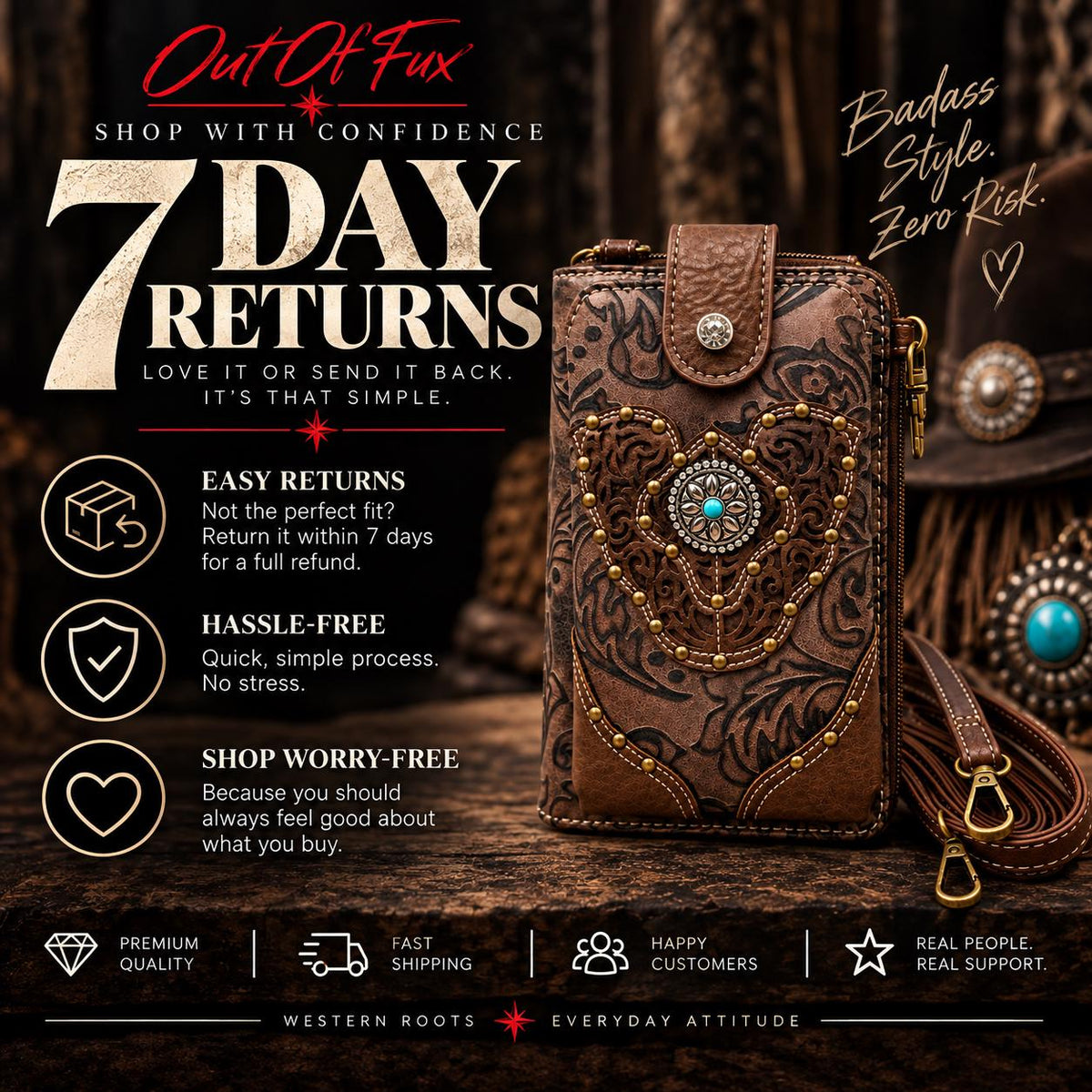 Brown Tooled Leather Crossbody Bag with Turquoise Stone Accent