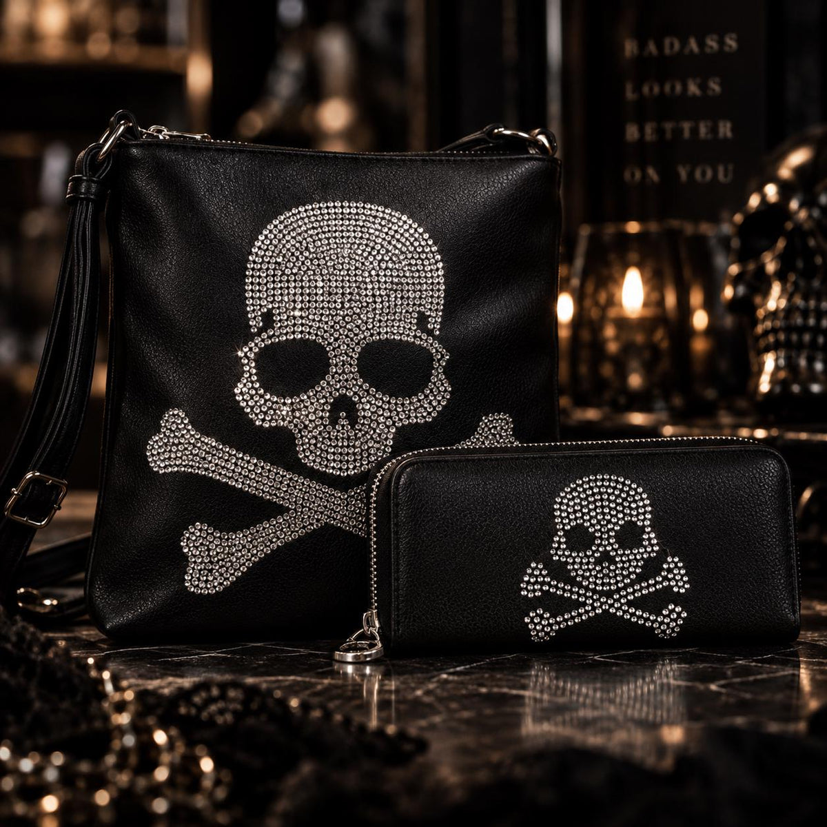 Rhinestone Skull Purse Set: Black Faux Leather Bag and Wallet Combo