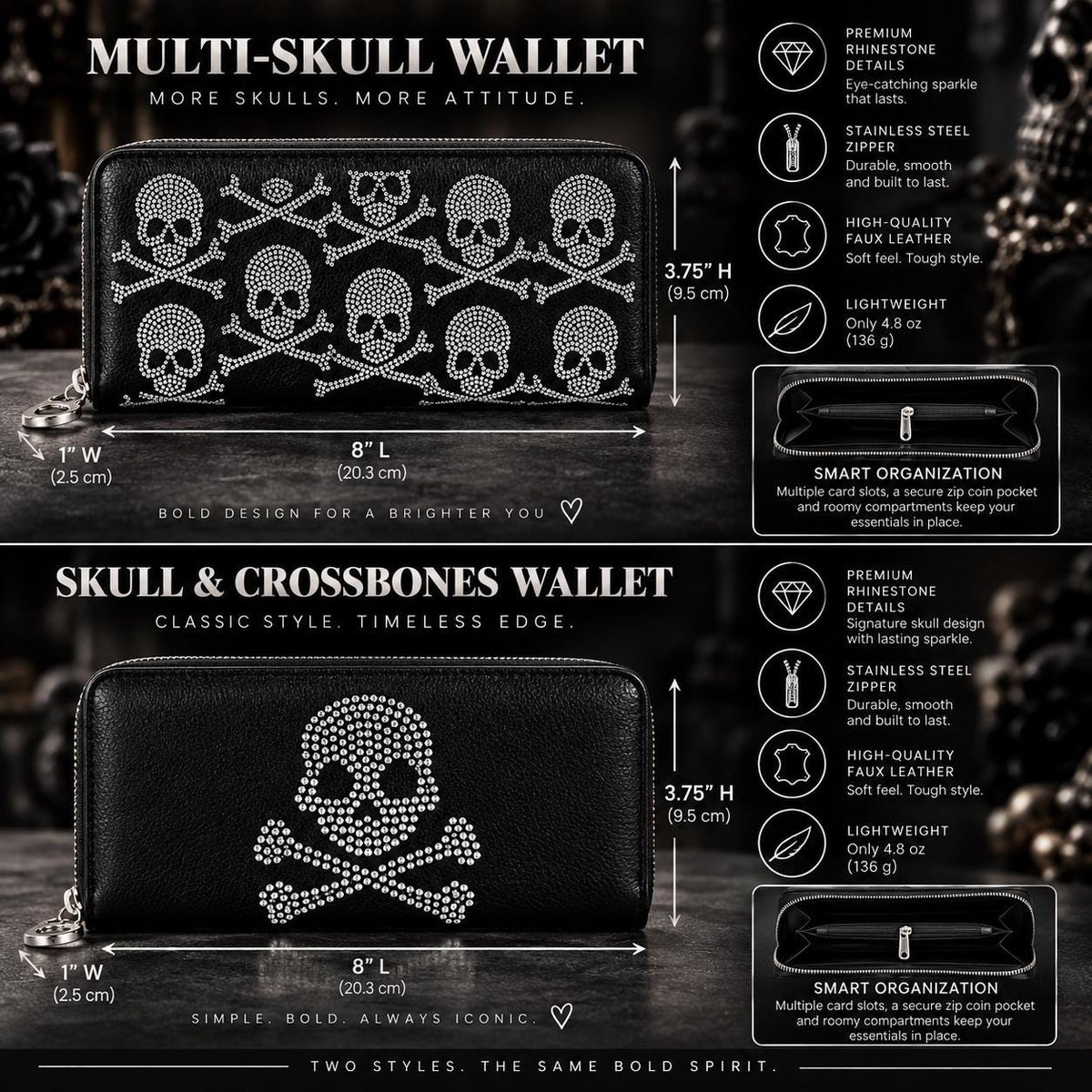 Rhinestone Skull Purse Set: Black Faux Leather Bag and Wallet Combo
