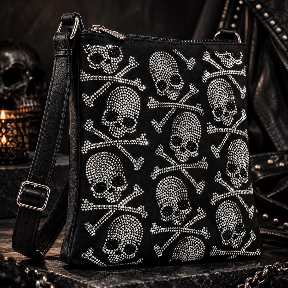Skull Crossbody Bag & Wallet Set, Rhinestone Gothic Purse, Black Faux Leather Skull Handbag, Goth Gift for Her