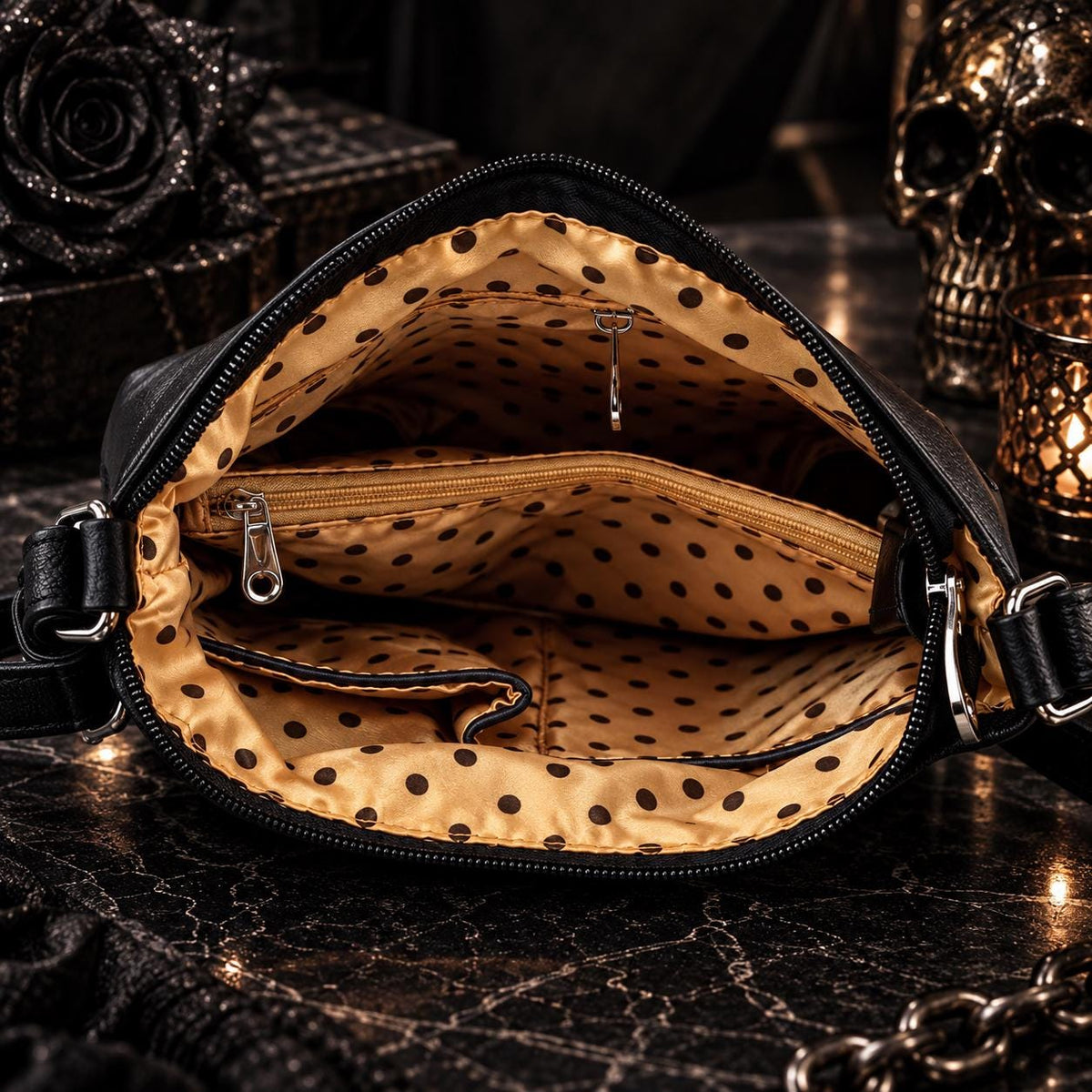 Skull Crossbody Bag & Wallet Set, Rhinestone Gothic Purse, Black Faux Leather Skull Handbag, Goth Gift for Her
