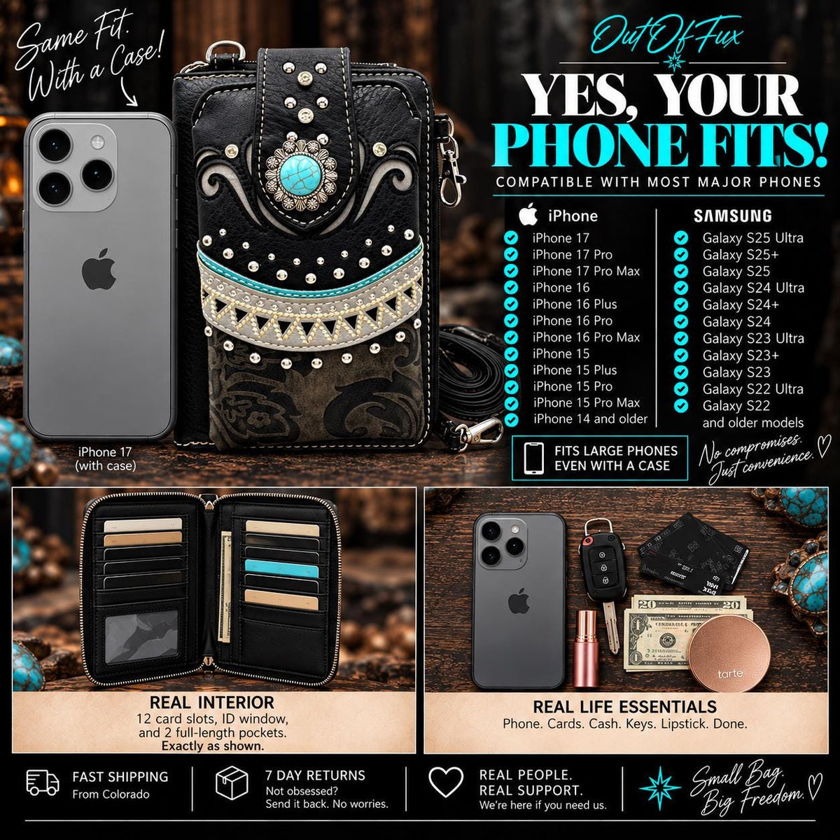 Western Phone Wallet Crossbody – Black Turquoise Cowgirl Bag