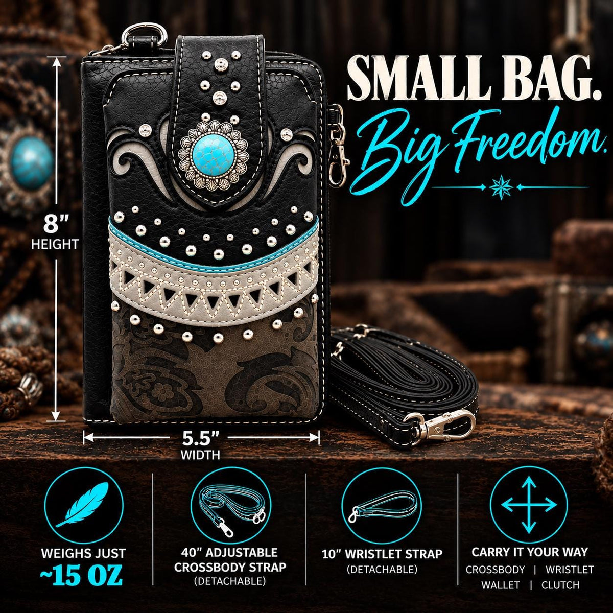Western Phone Wallet Crossbody – Black Turquoise Cowgirl Bag