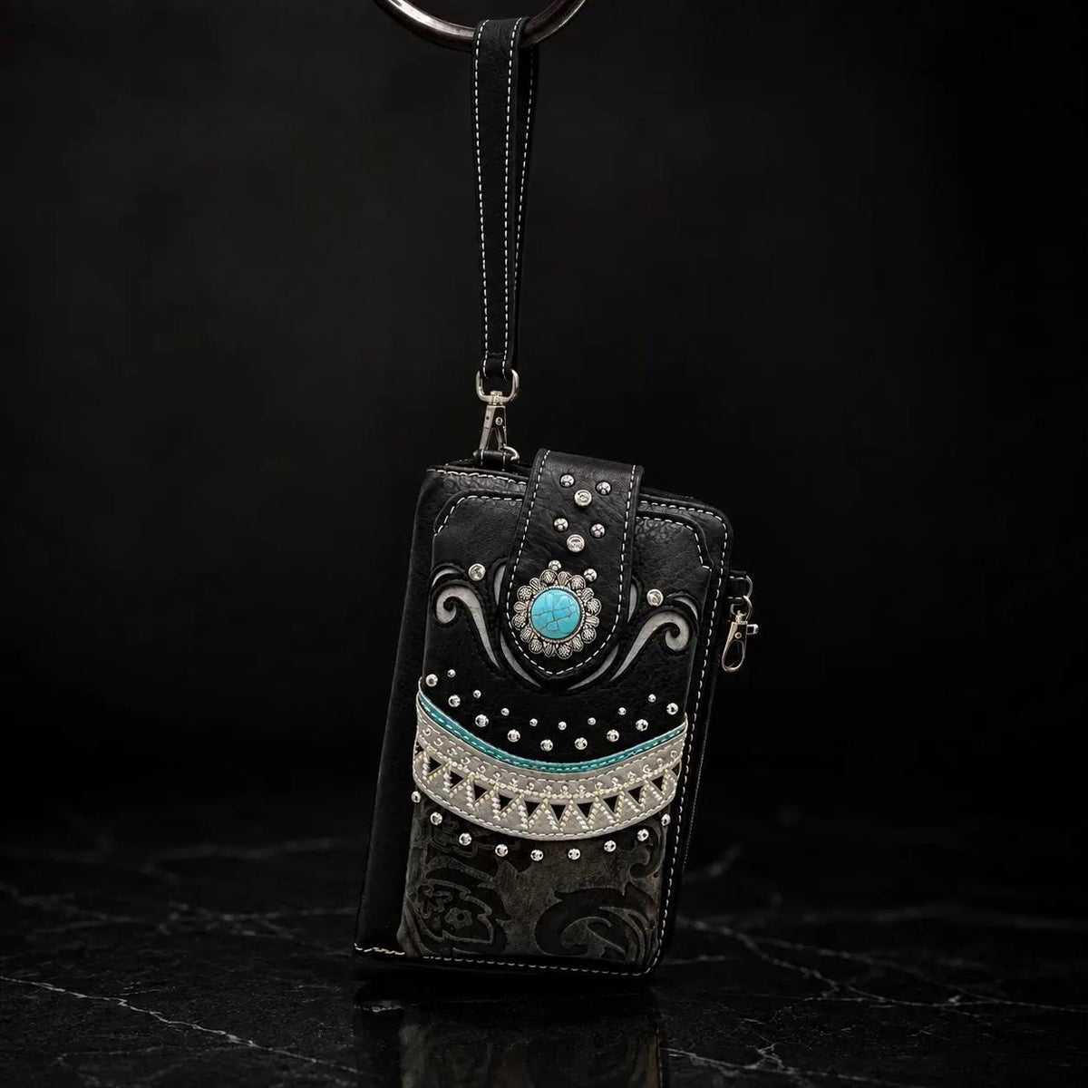 Western Phone Wallet Crossbody – Black Turquoise Cowgirl Bag