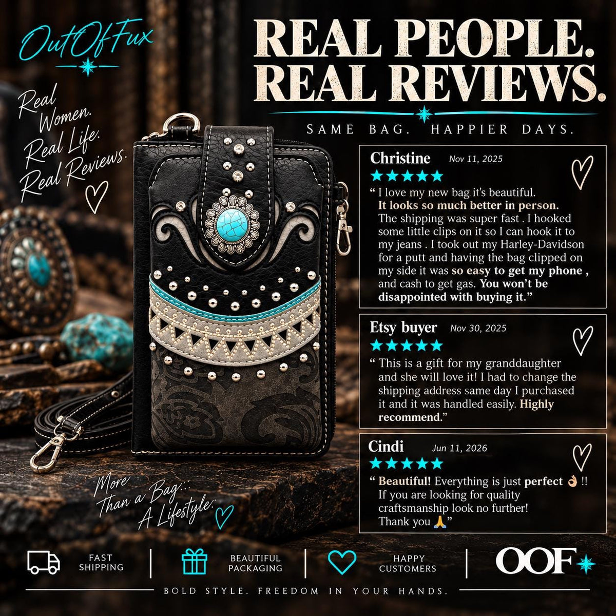Western Phone Wallet Crossbody – Black Turquoise Cowgirl Bag
