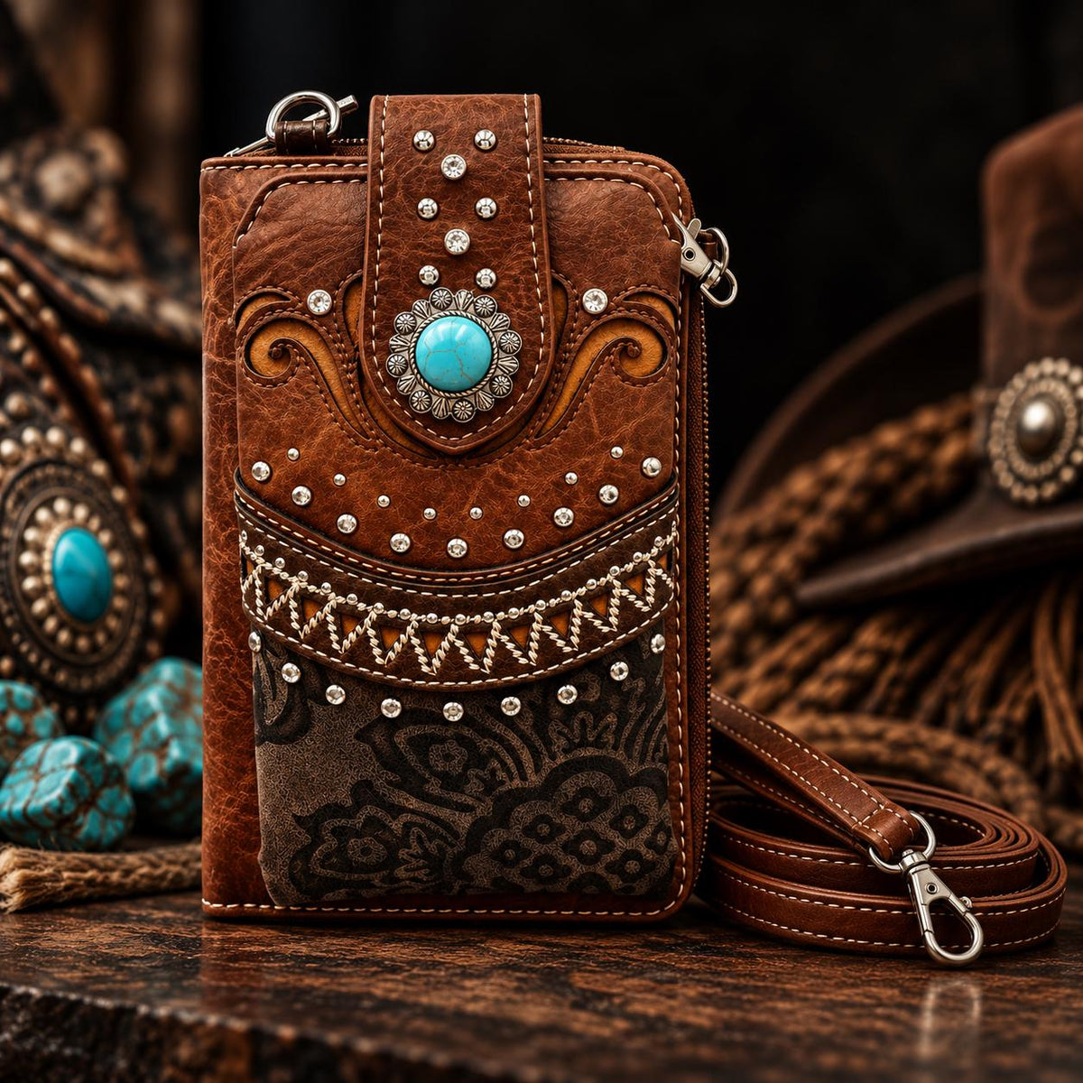 Brown Western Phone Crossbody Bag with Turquoise Accent