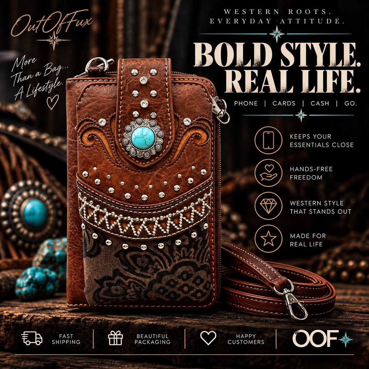 Brown Western Phone Crossbody Bag with Turquoise Accent