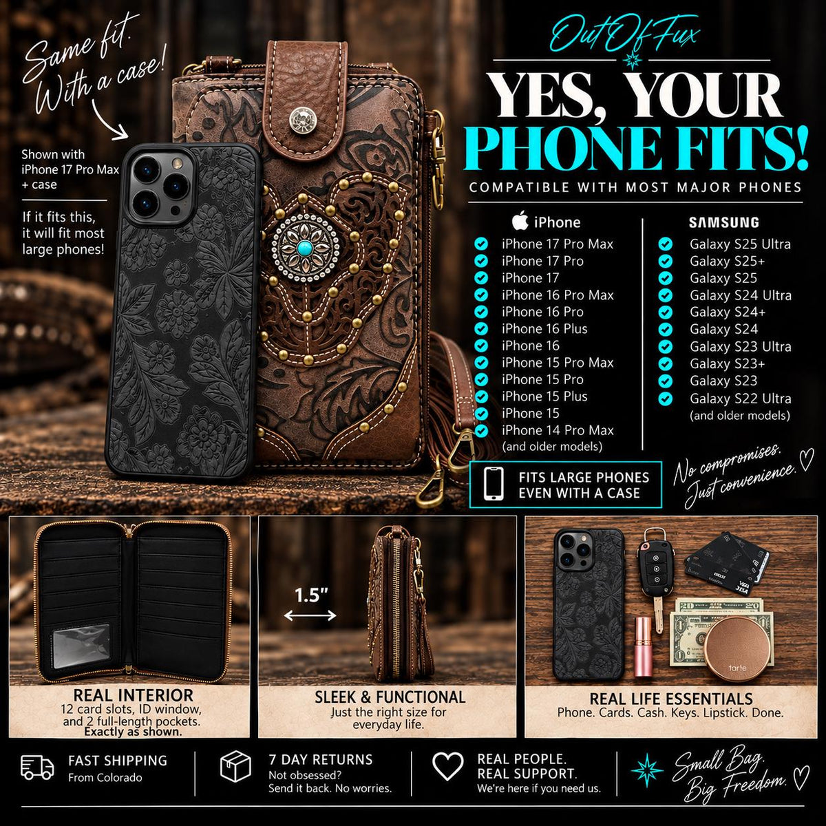 Brown Tooled Leather Crossbody Bag with Turquoise Stone Accent