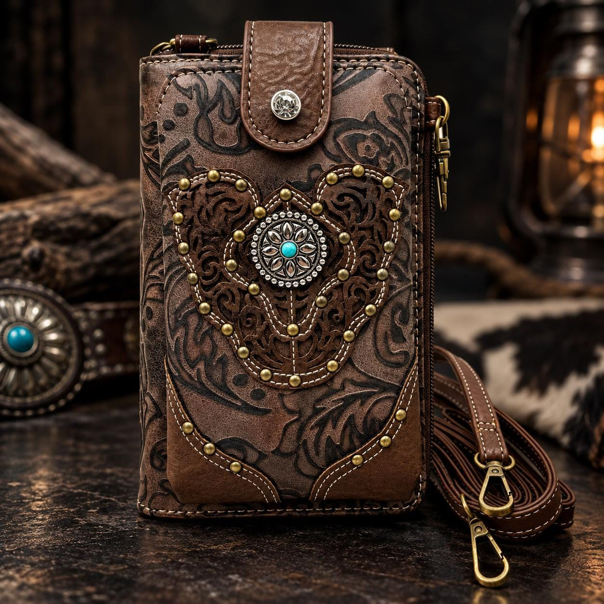 Brown Tooled Leather Crossbody Bag with Turquoise Stone Accent