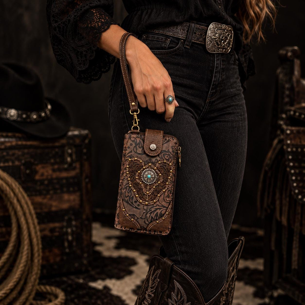 Brown Tooled Leather Crossbody Bag with Turquoise Stone Accent