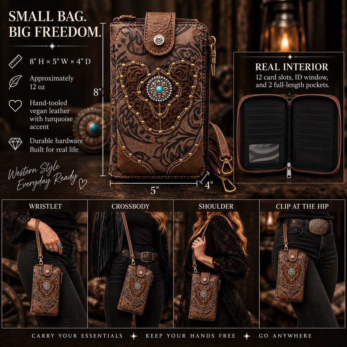 Brown Tooled Leather Crossbody Bag with Turquoise Stone Accent