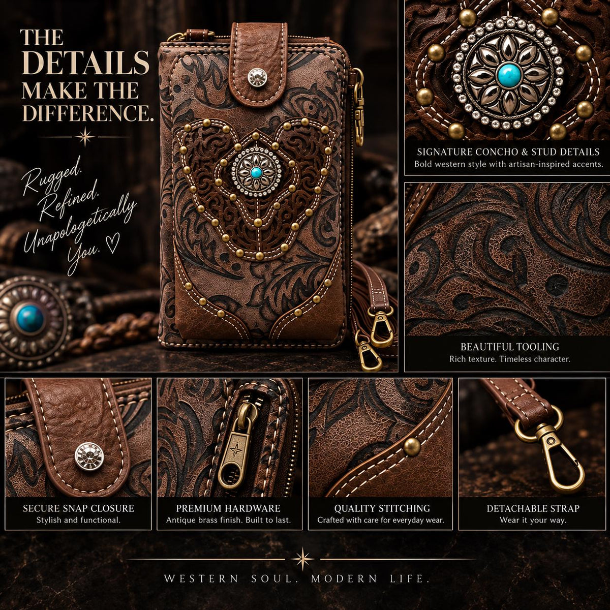 Brown Tooled Leather Crossbody Bag with Turquoise Stone Accent