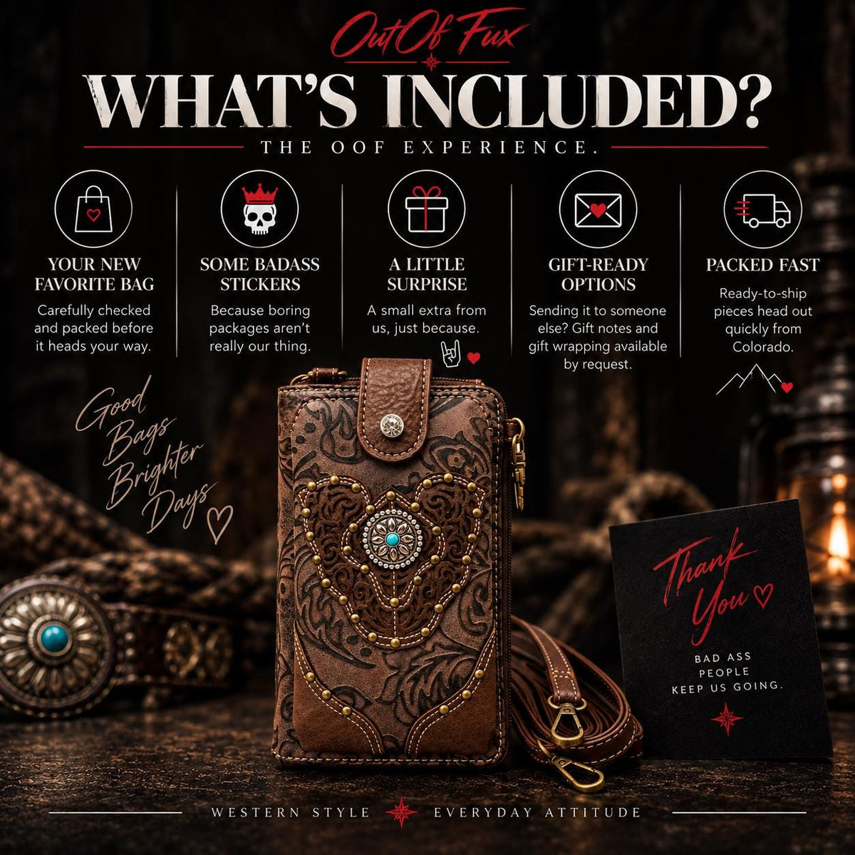 Brown Tooled Leather Crossbody Bag with Turquoise Stone Accent