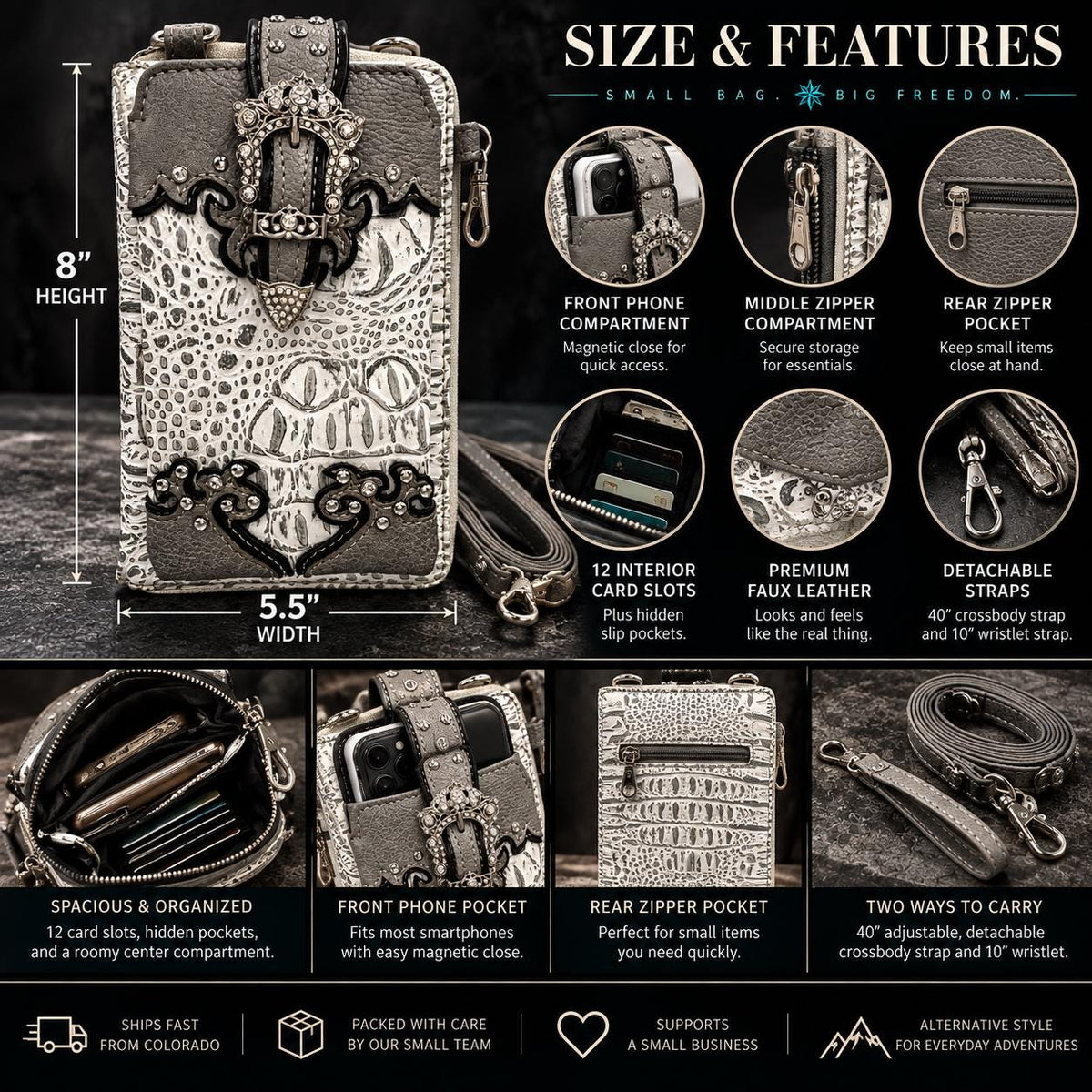 White and Gray Western Croc/Alligator Skin Style Phone Crossbody Wallet