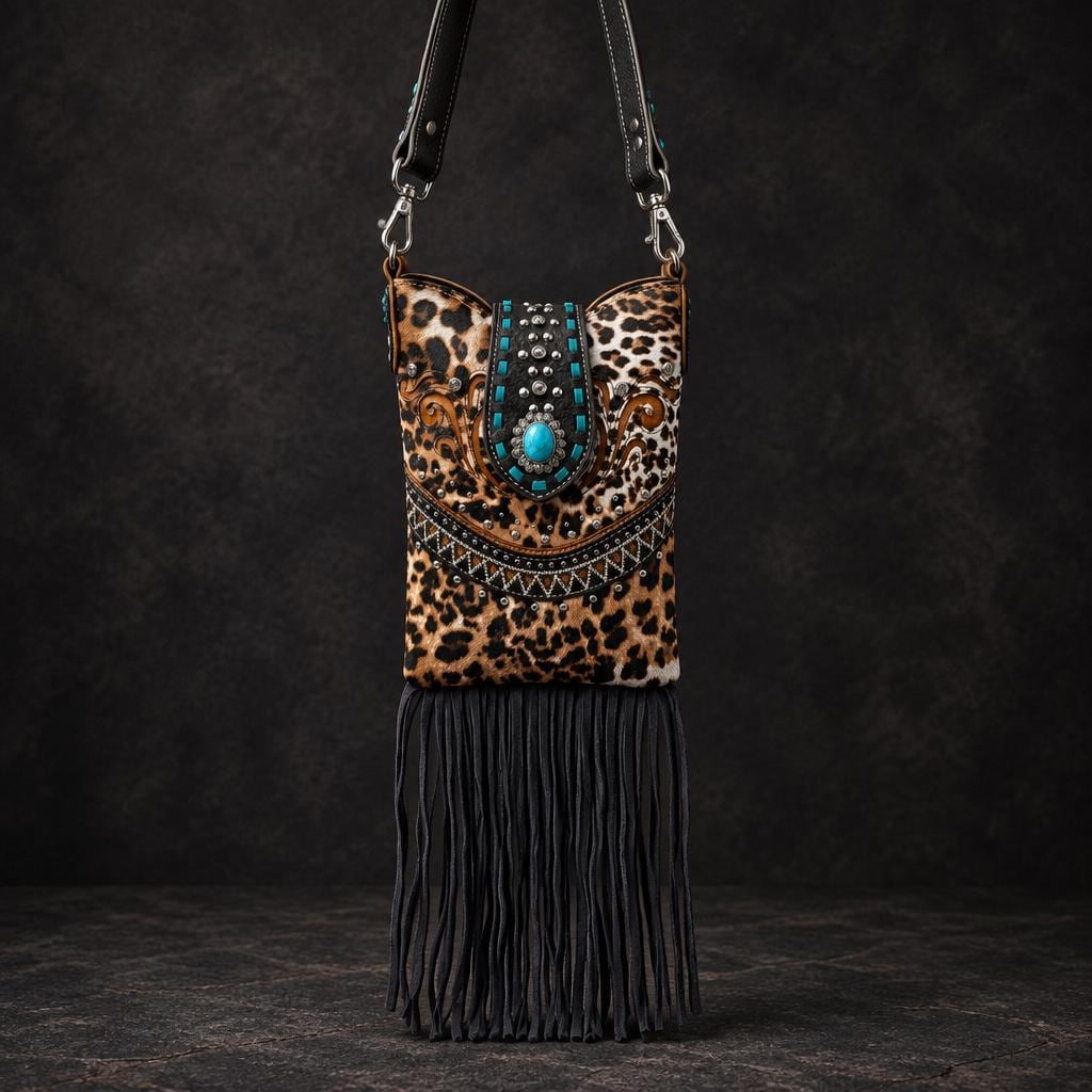 Leopard Western Fringe Phone Crossbody Bag