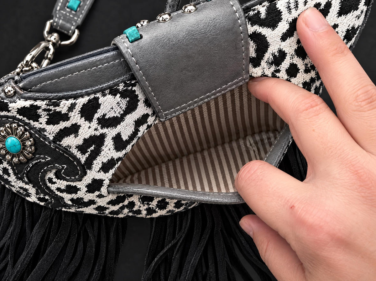 White Leopard Western Fringe Crossbody Bag