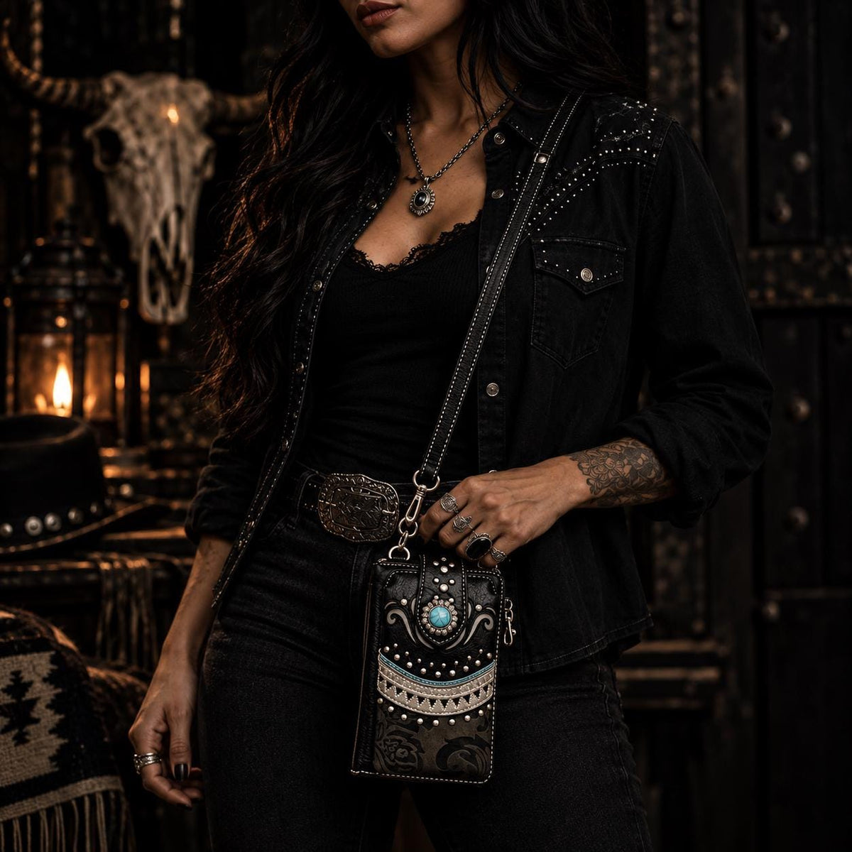Western Phone Wallet Crossbody – Black Turquoise Cowgirl Bag