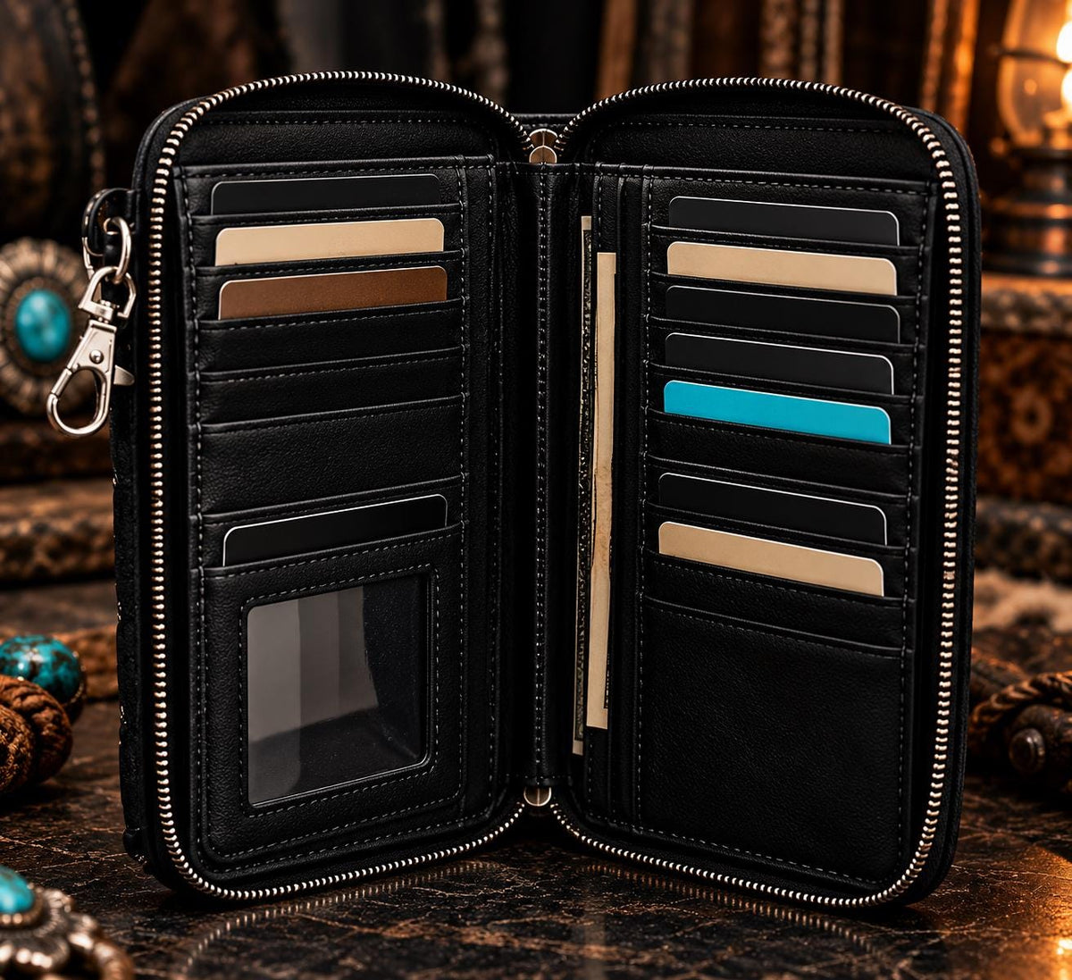 Western Phone Wallet Crossbody – Black Turquoise Cowgirl Bag