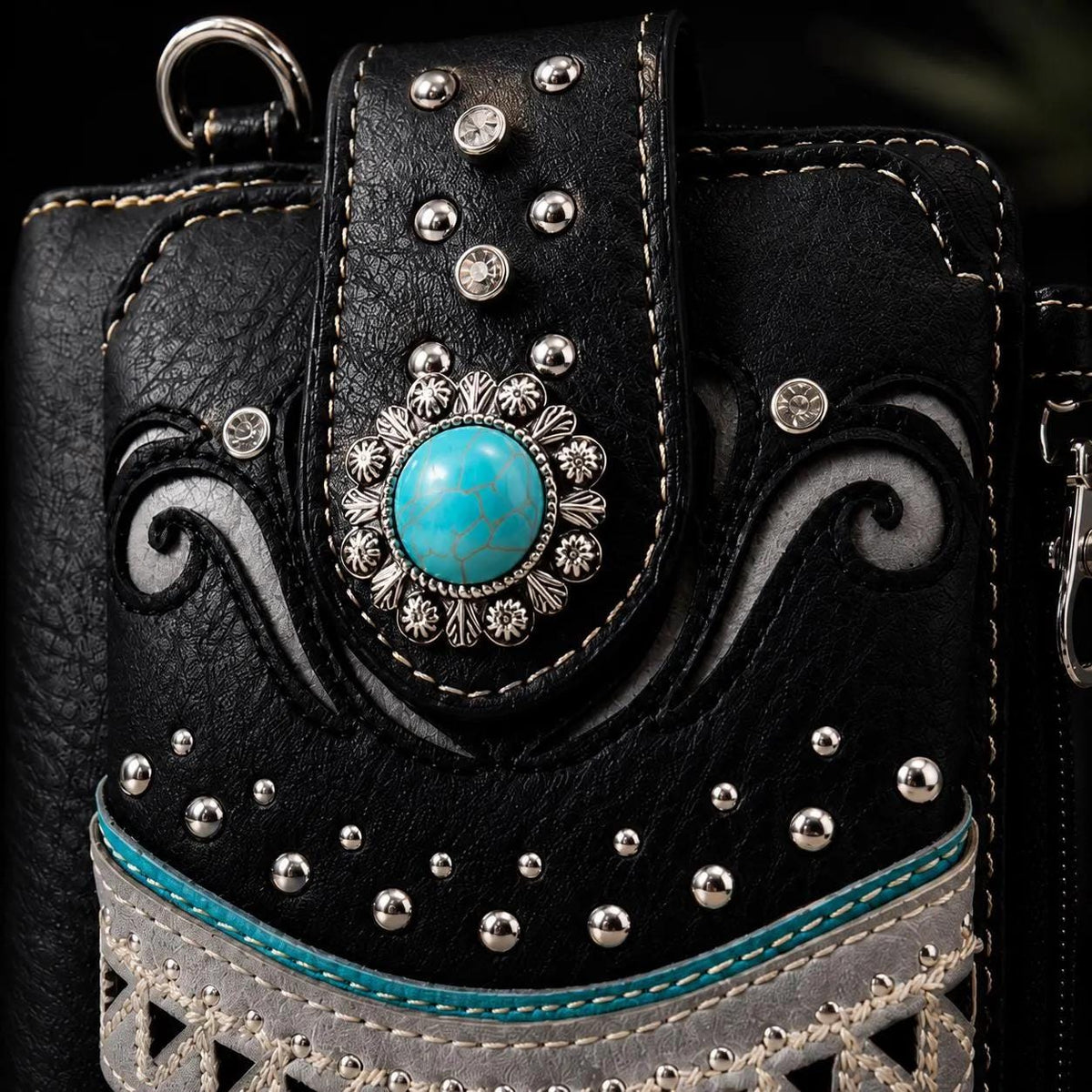 Western Phone Wallet Crossbody – Black Turquoise Cowgirl Bag