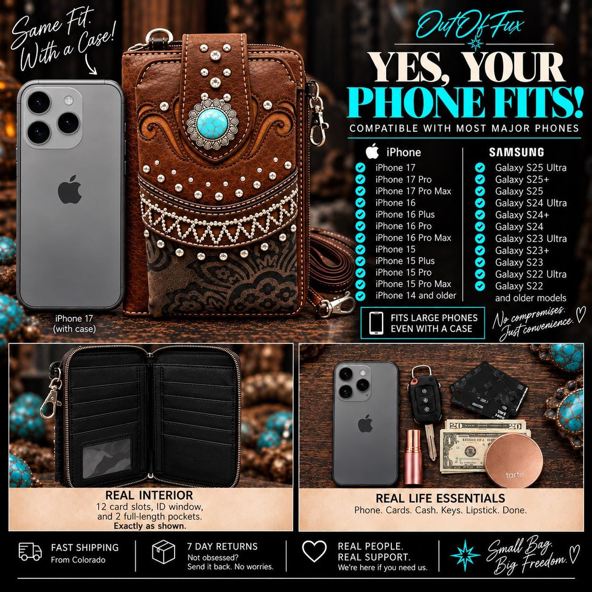 Brown Western Phone Crossbody Bag with Turquoise Accent