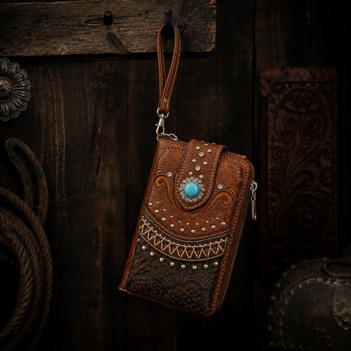Brown Western Phone Crossbody Bag with Turquoise Accent