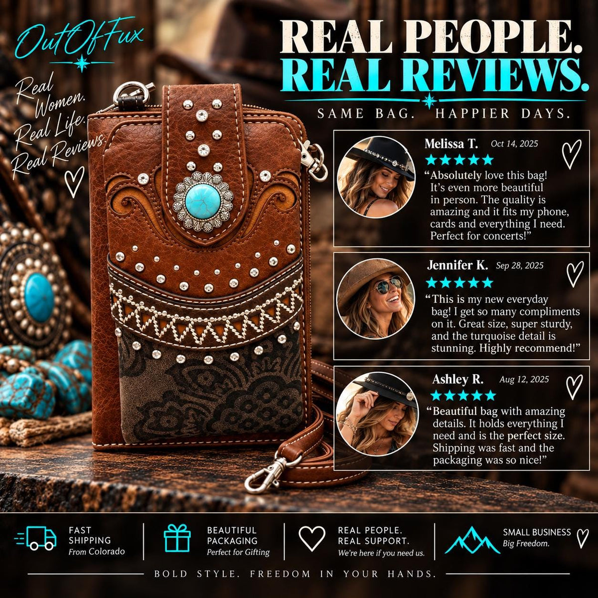 Brown Western Phone Crossbody Bag with Turquoise Accent