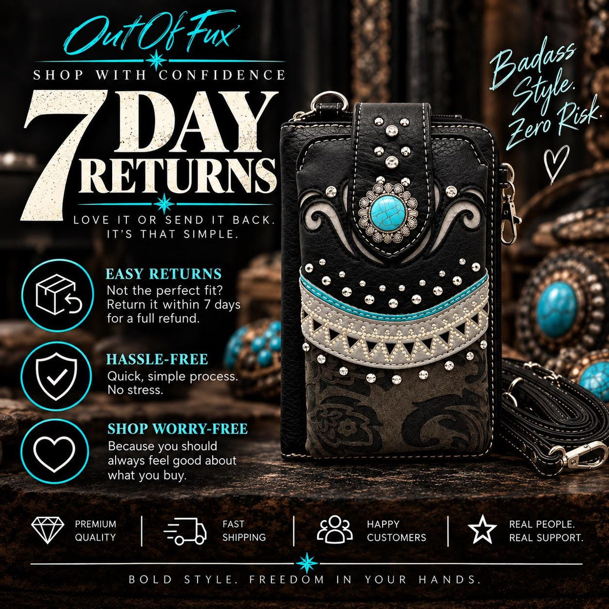 Brown Western Phone Crossbody Bag with Turquoise Accent