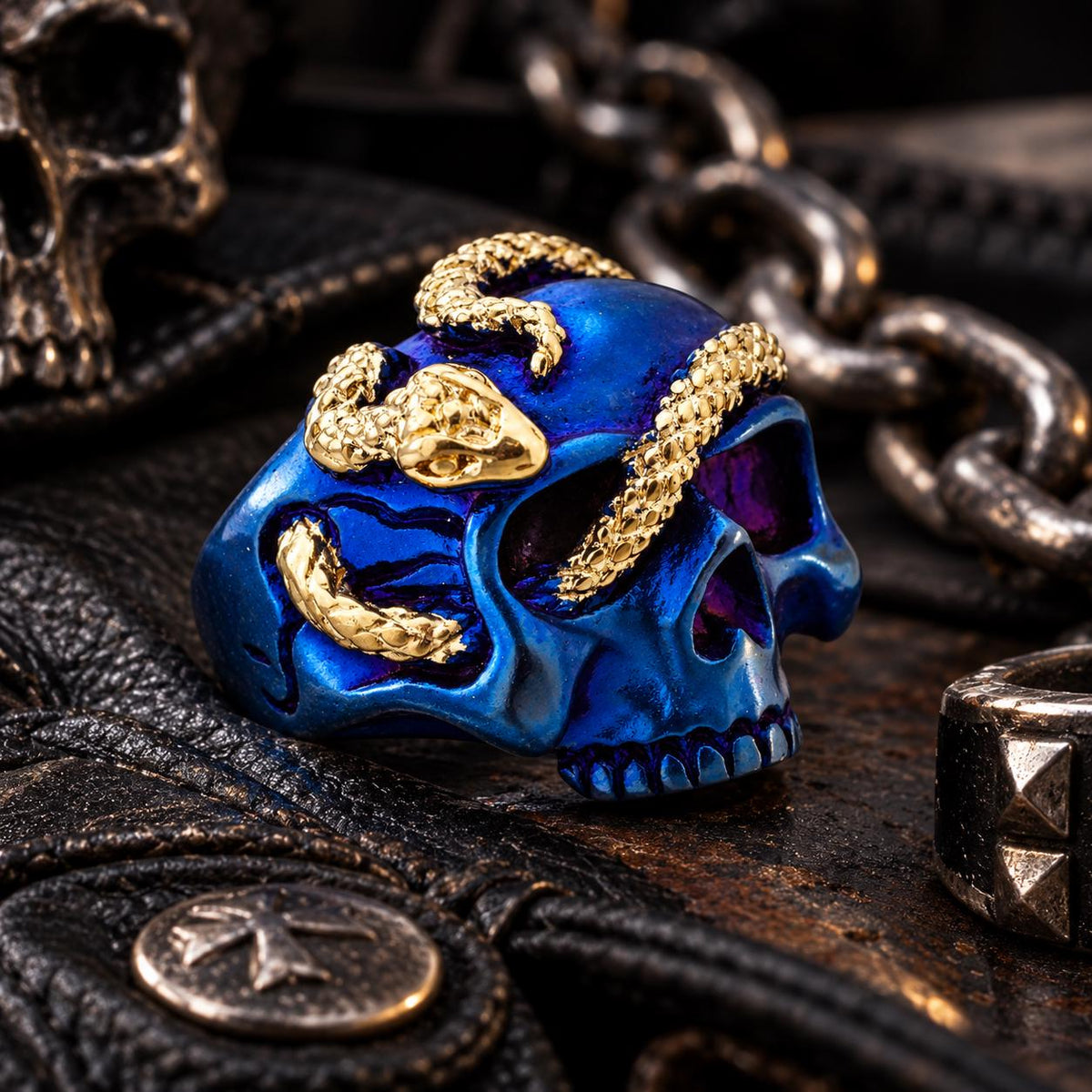 Blue Skull Snake Ring, 316L Stainless Steel Statement Ring, Gold Plated Snake, Sizes 9–13