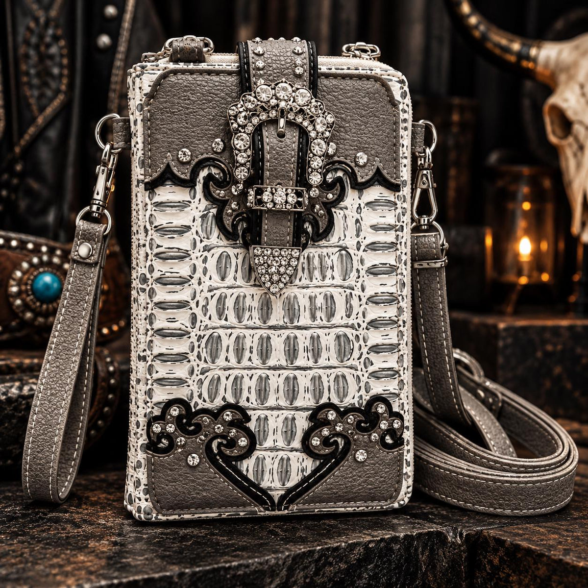 White and Gray Western Croc/Alligator Skin Style Phone Crossbody Wallet