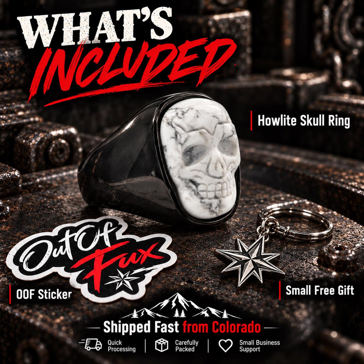 Howlite Skull Ring, Black Stainless Steel Skull Ring, Genuine Howlite Statement Ring, Sizes 9–13