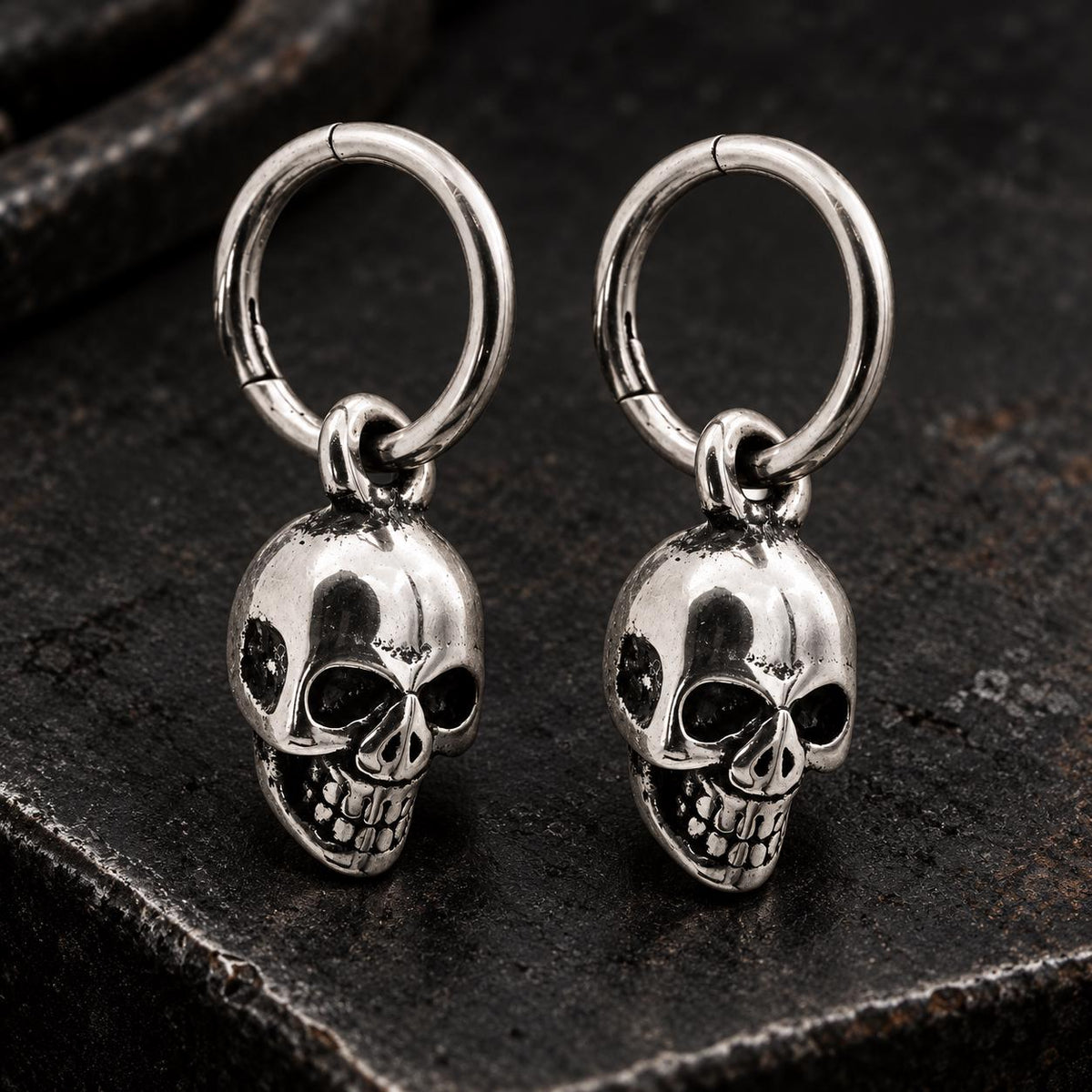 Skull Hoop Earrings, Stainless Steel Huggie Earrings, Gothic Skull Dangle Earrings, Biker Jewelry Gift