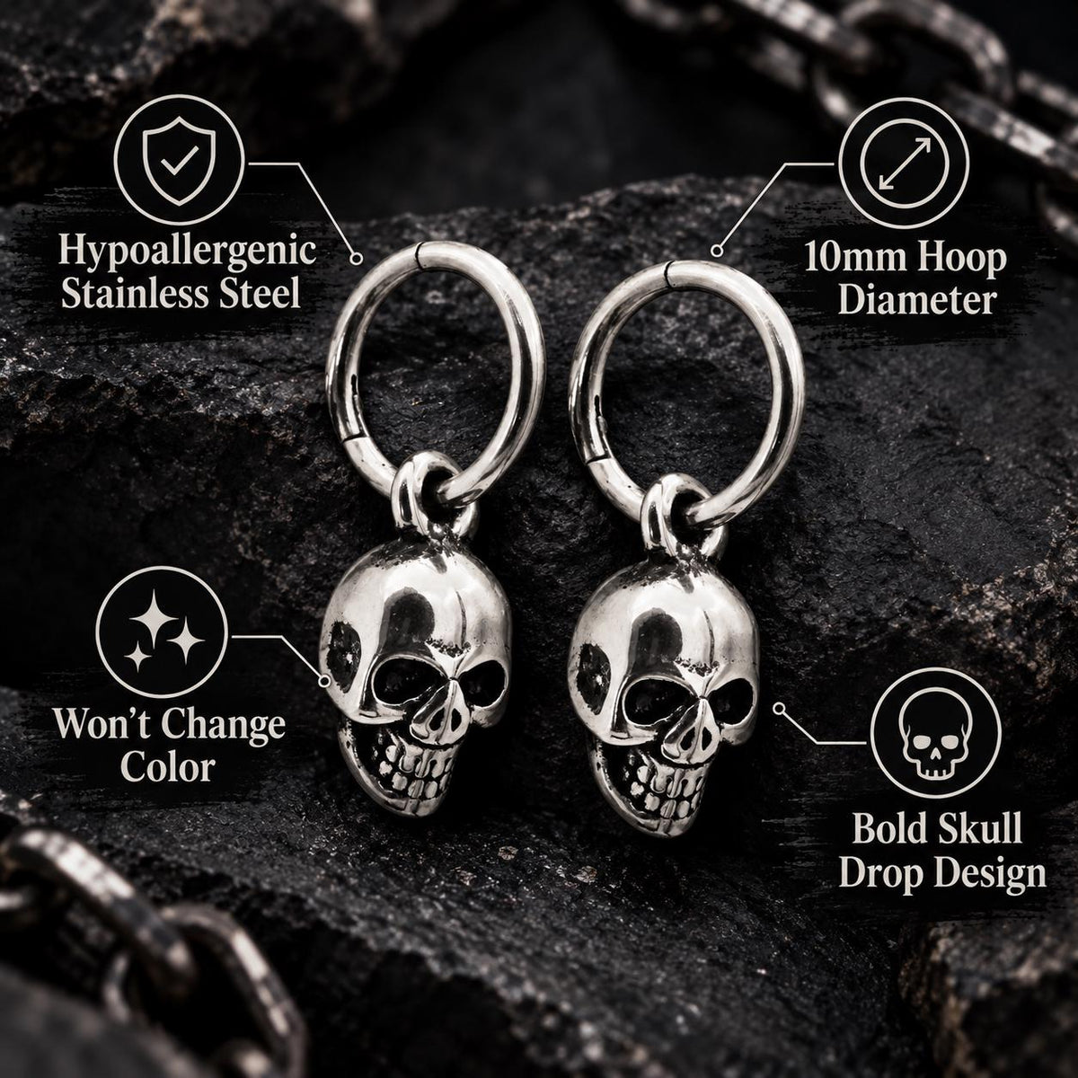 Skull Hoop Earrings, Stainless Steel Huggie Earrings, Gothic Skull Dangle Earrings, Biker Jewelry Gift