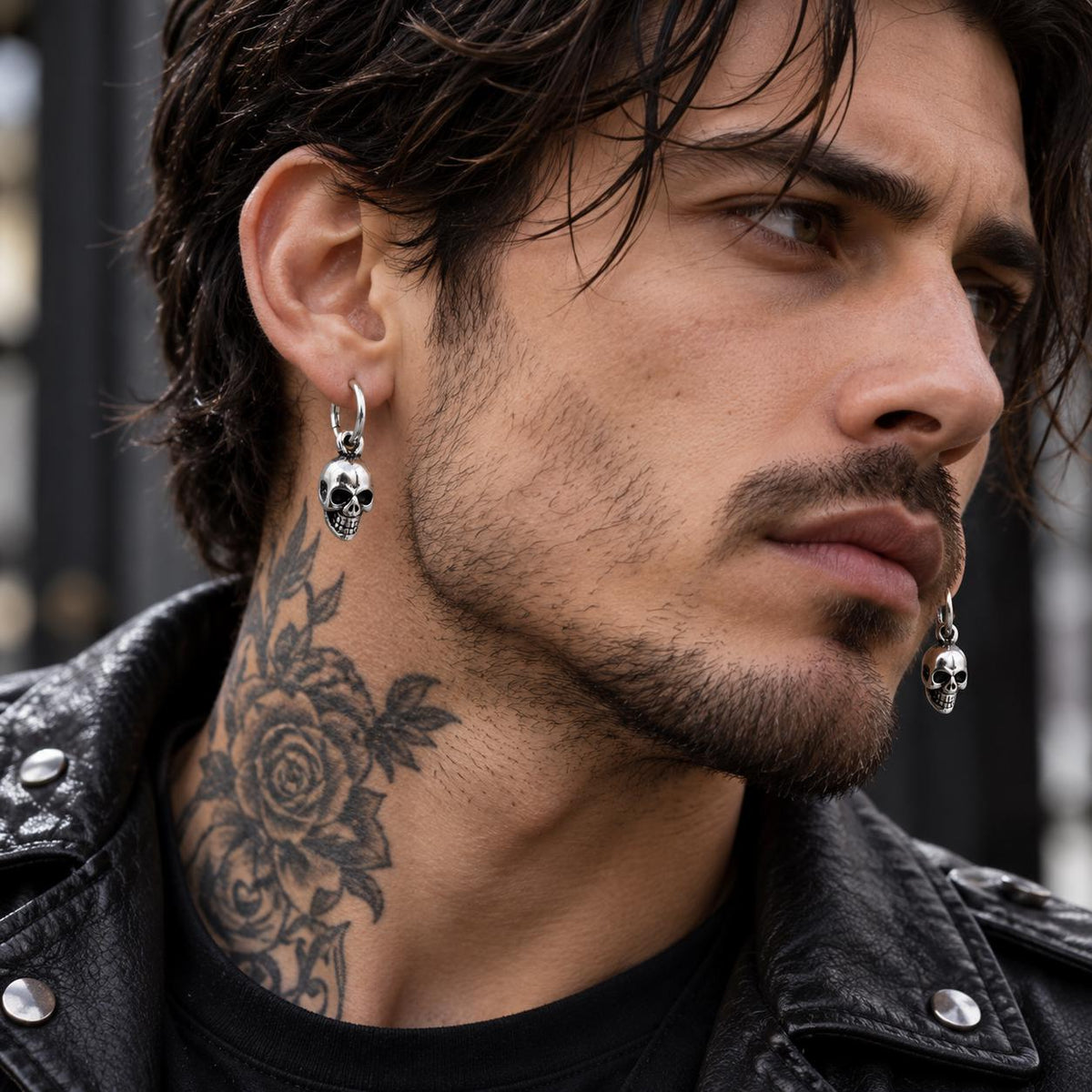 Skull Hoop Earrings, Stainless Steel Huggie Earrings, Gothic Skull Dangle Earrings, Biker Jewelry Gift