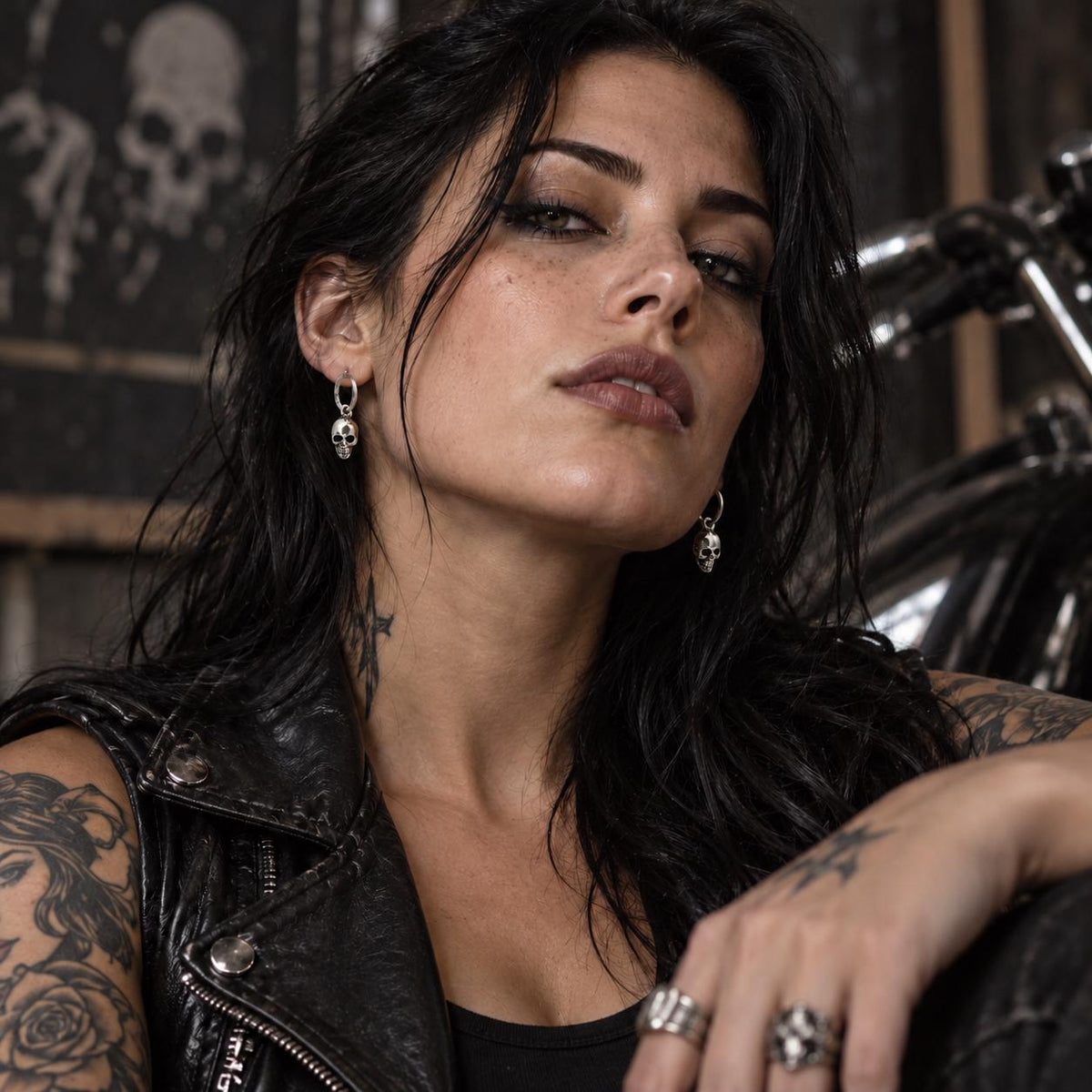 Skull Hoop Earrings, Stainless Steel Huggie Earrings, Gothic Skull Dangle Earrings, Biker Jewelry Gift
