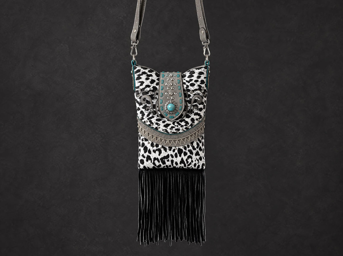 White Leopard Western Fringe Crossbody Bag