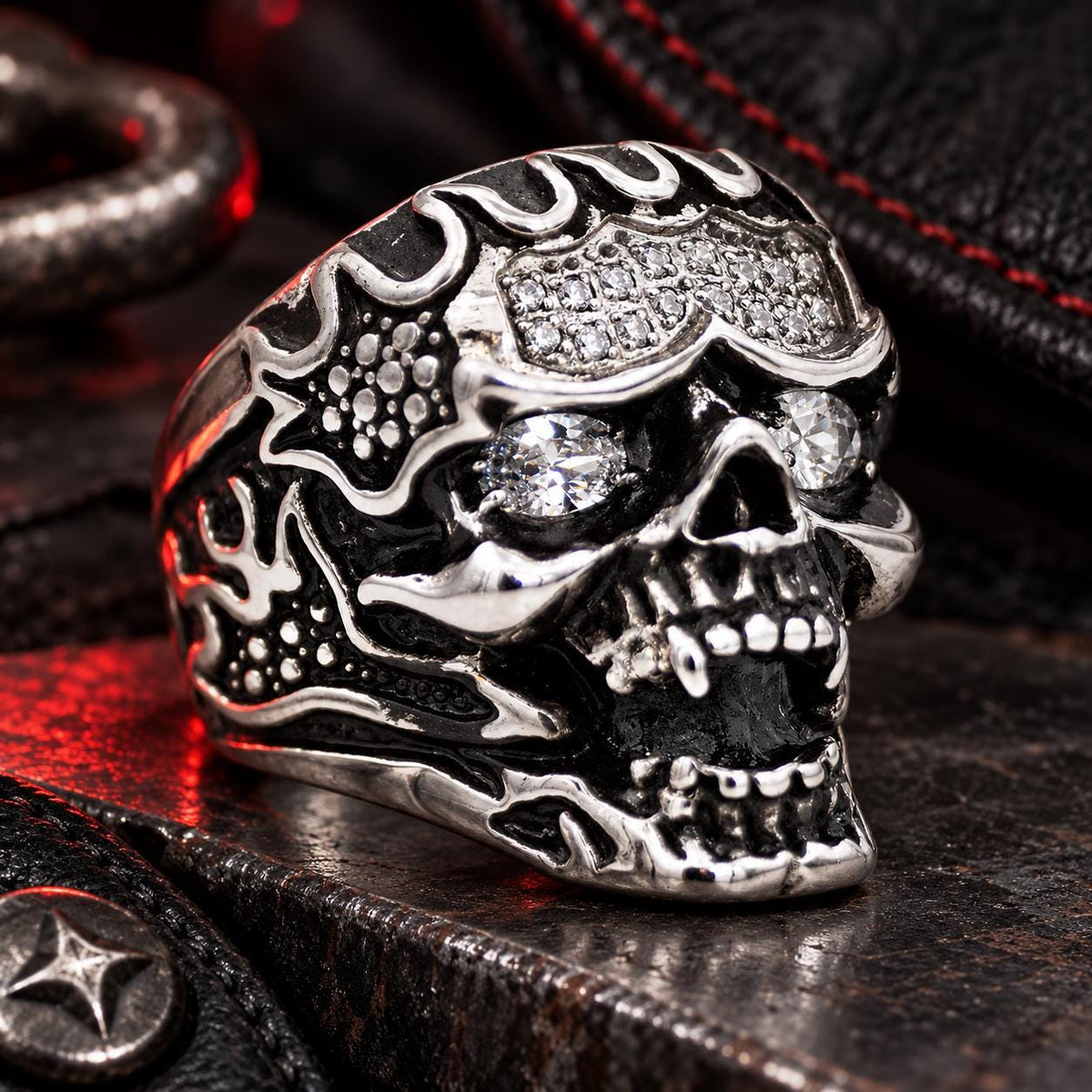 Skull Flame Ring, 316L Stainless Steel Biker Ring, CZ Skull Statement Ring, Gothic Rocker Jewelry, Sizes 9–13