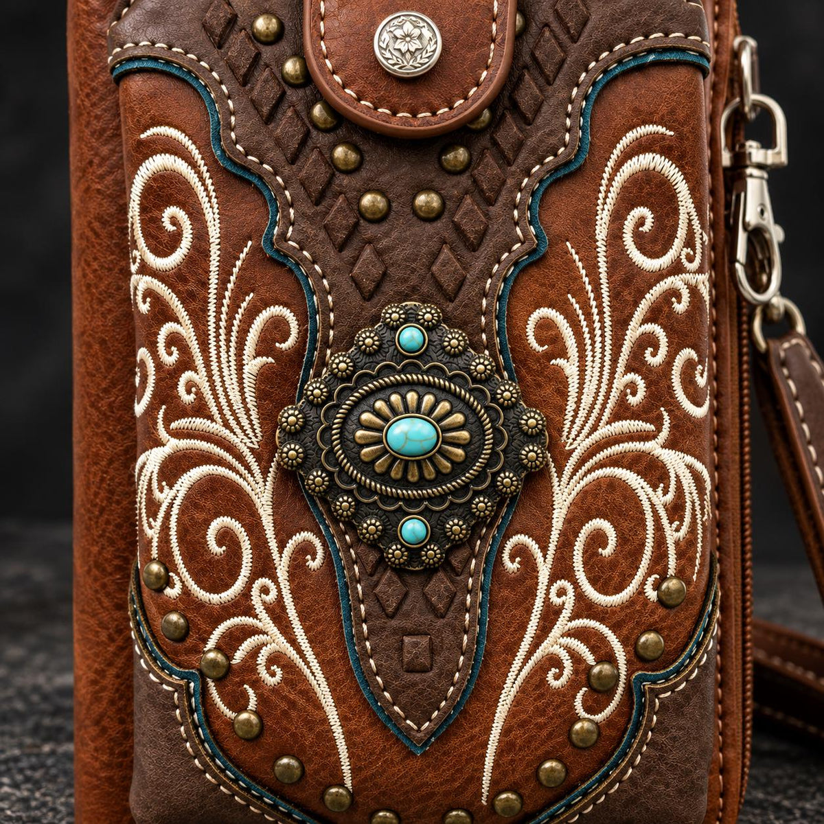 Brown Western Phone Wallet Crossbody with Turquoise Concho