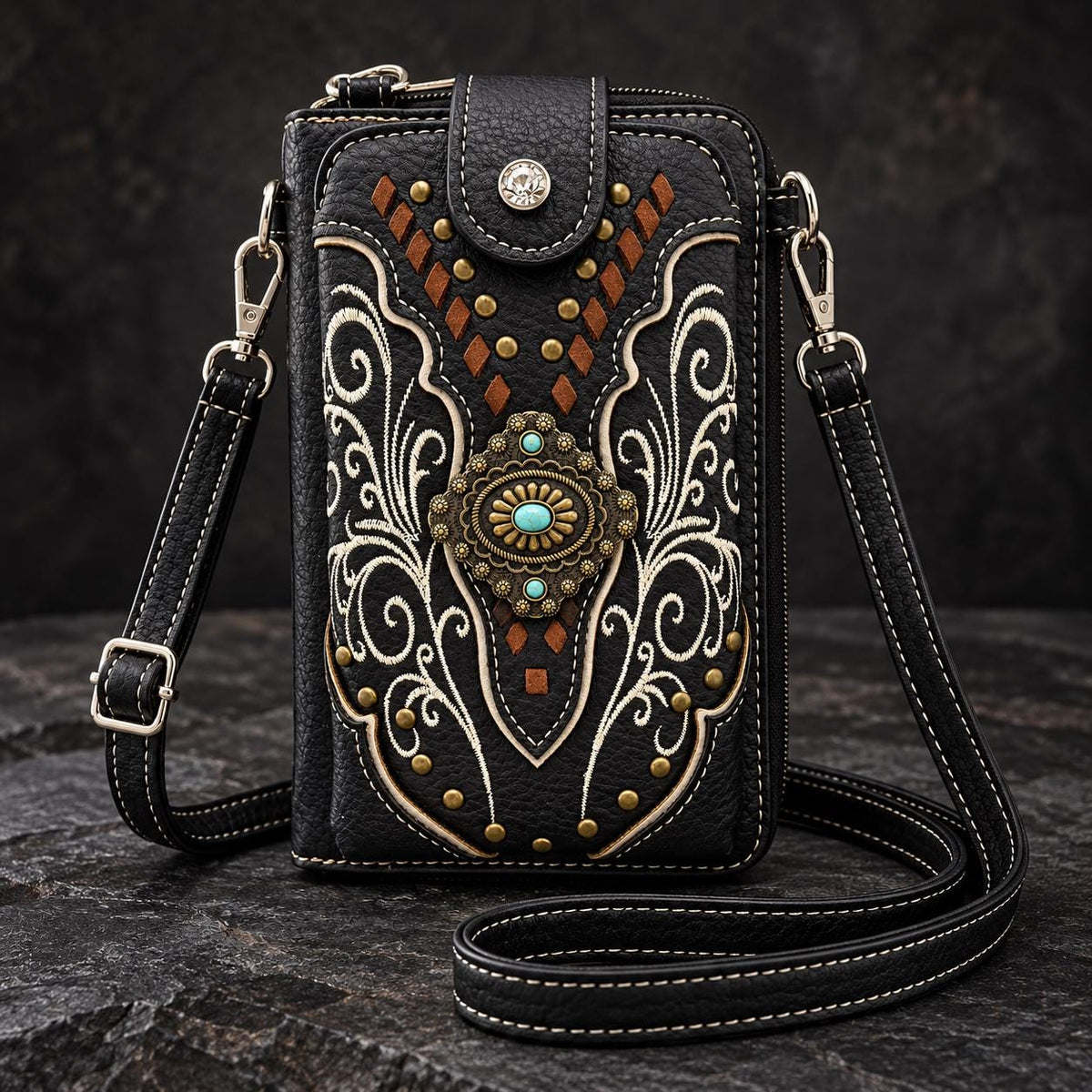 Black Western Phone Wallet Crossbody with Turquoise Concho