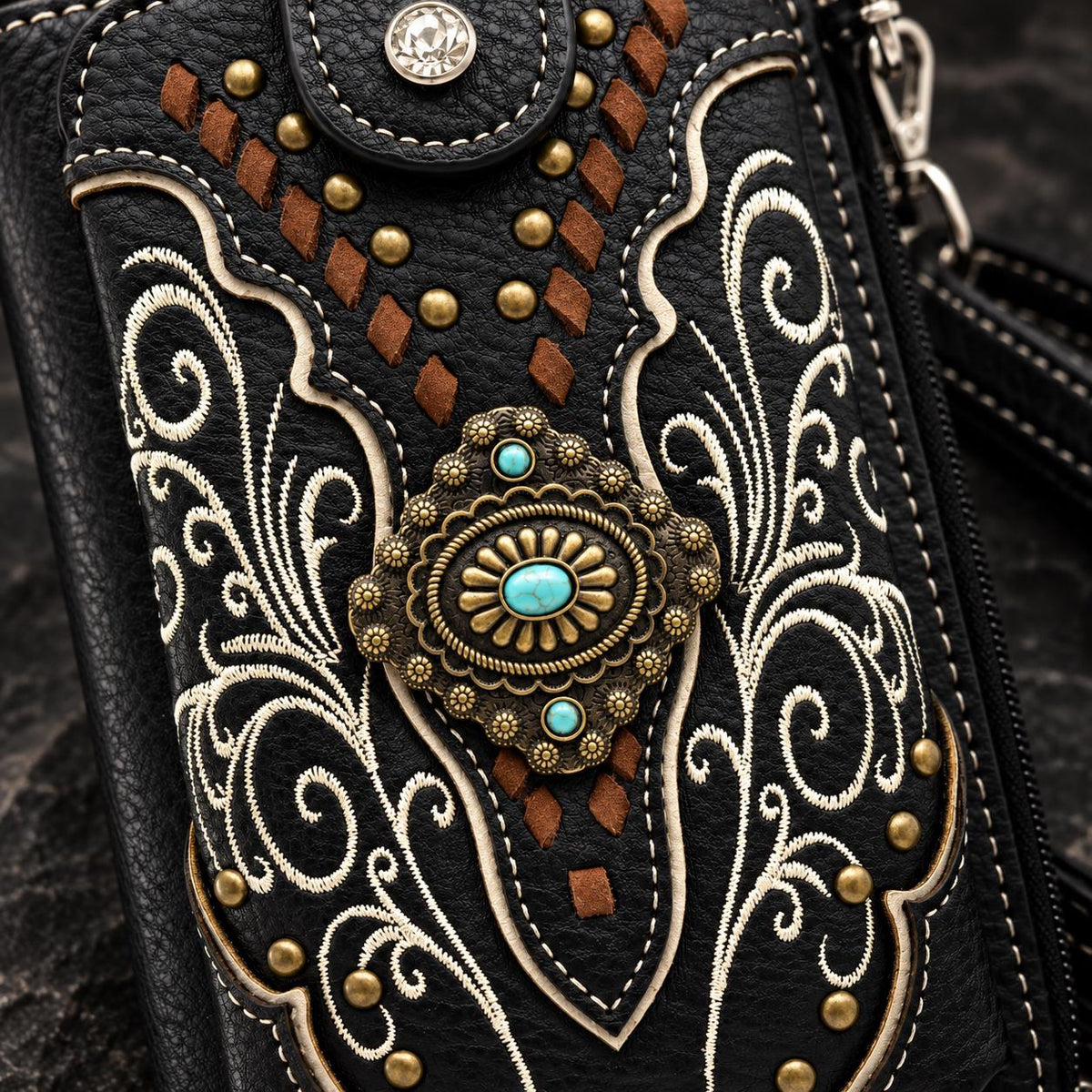 Black Western Phone Wallet Crossbody with Turquoise Concho