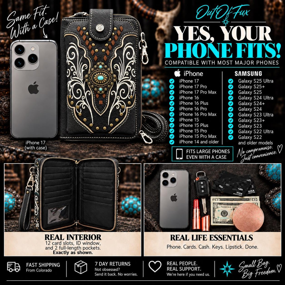 Black Western Phone Wallet Crossbody with Turquoise Concho