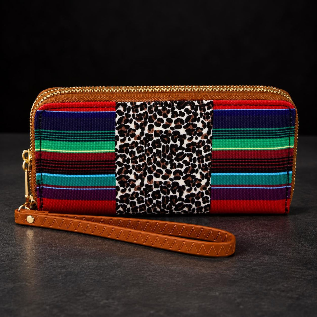 Serape Leopard Wristlet Wallet, Southwestern Zip Around Wallet