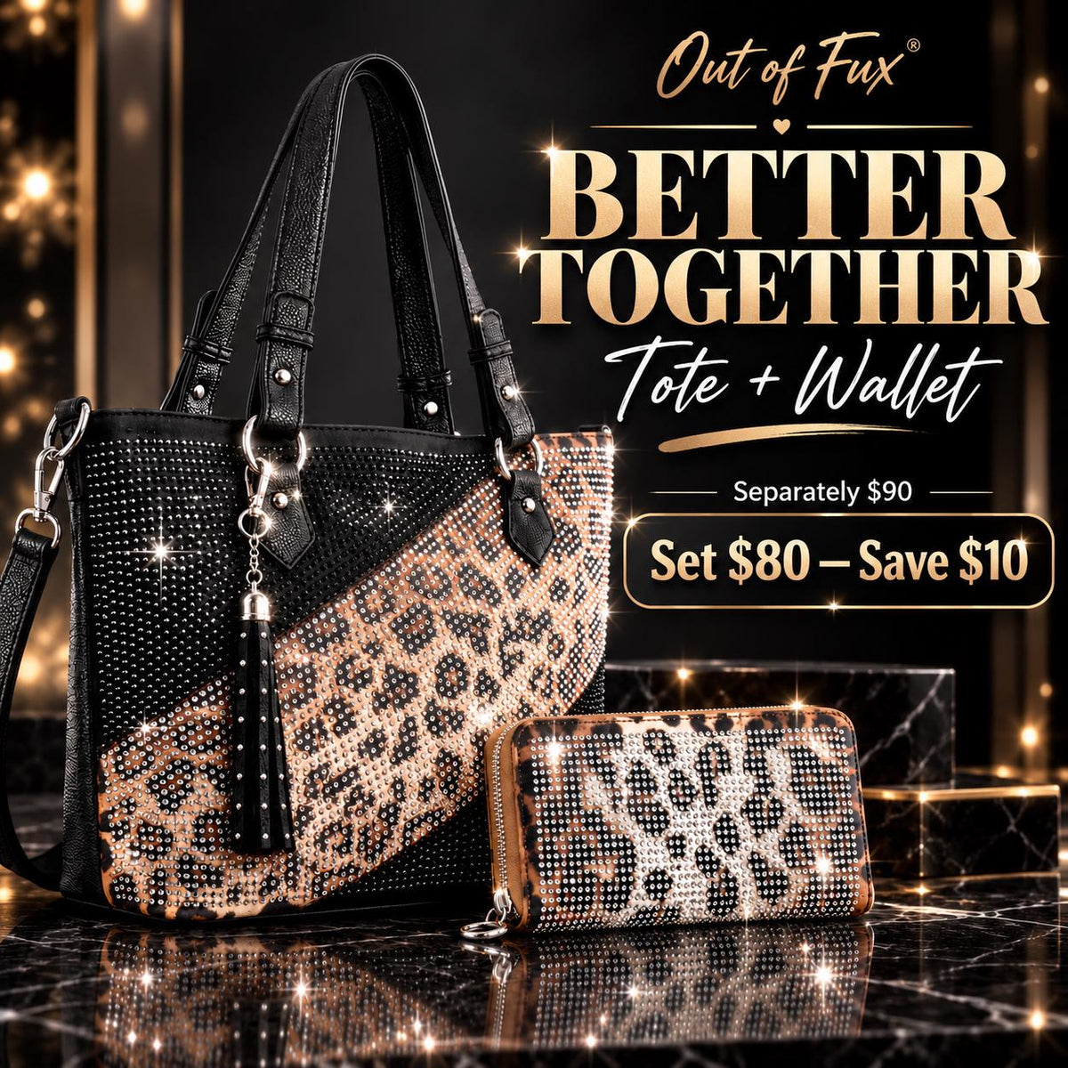 Leopard Rhinestone Purse and Wallet Set, Sparkly Tote Bag with Matching Zip Wallet, Glam Statement Handbag Set