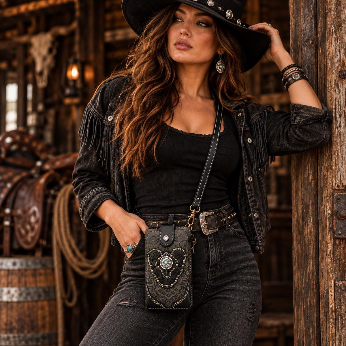 Tooled Black Leather Crossbody Bag: Western Style, Card Slots