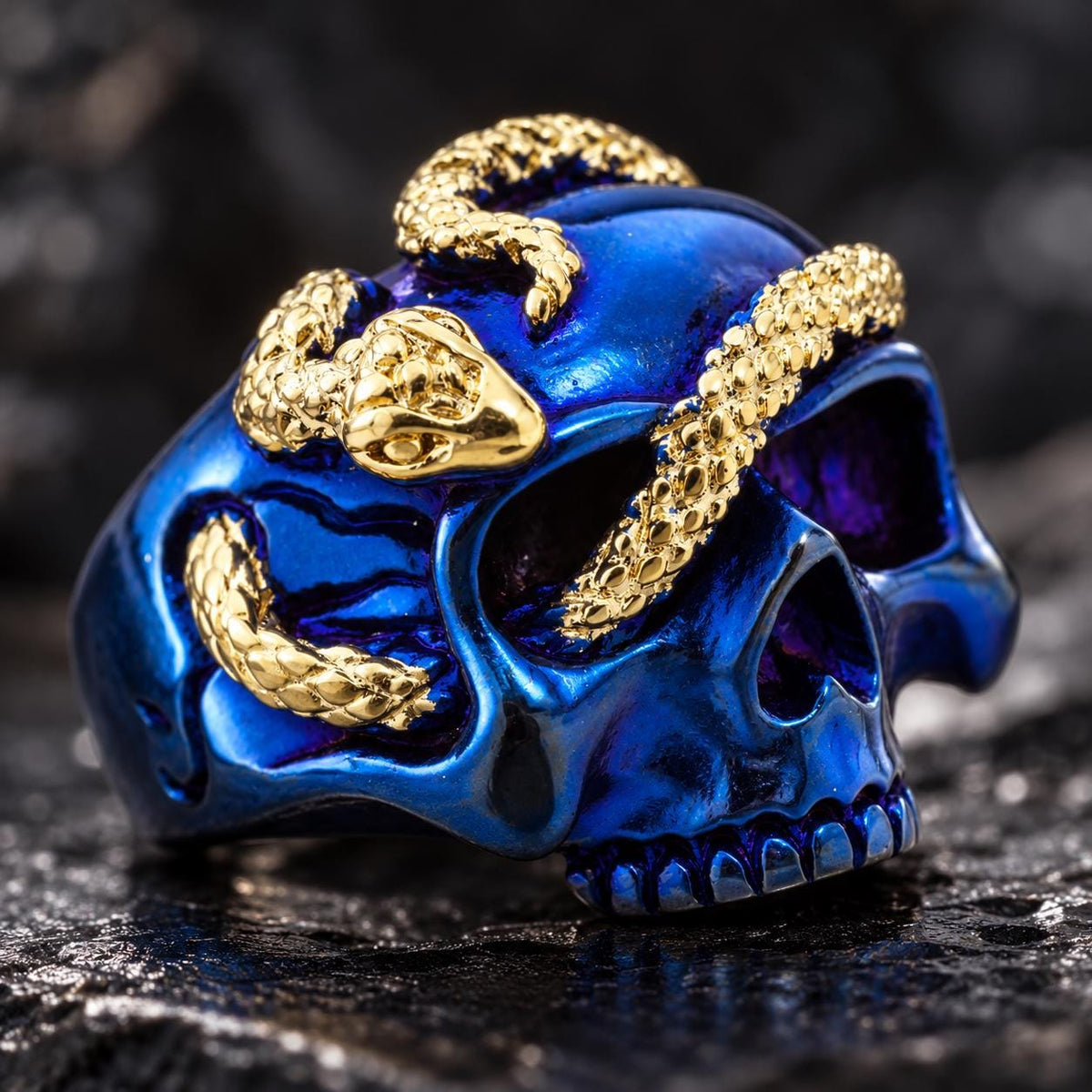 Blue Skull Snake Ring, 316L Stainless Steel Statement Ring, Gold Plated Snake, Sizes 9–13