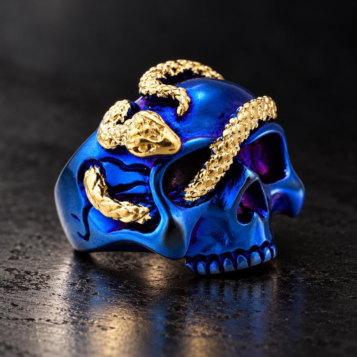 Blue Skull Snake Ring, 316L Stainless Steel Statement Ring, Gold Plated Snake, Sizes 9–13