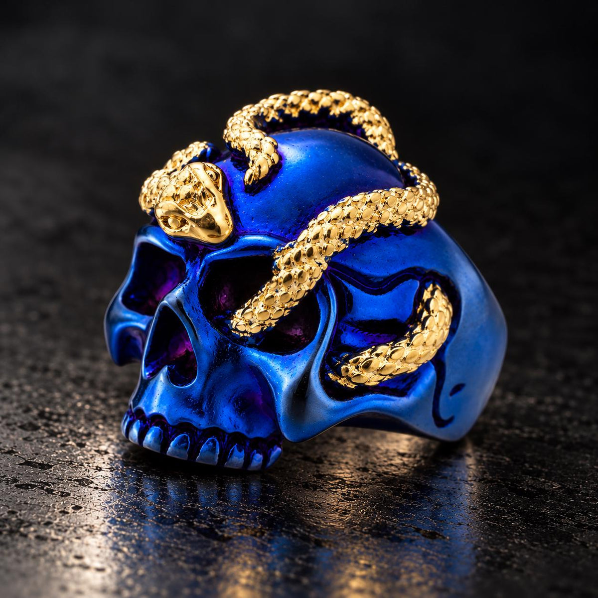 Blue Skull Snake Ring, 316L Stainless Steel Statement Ring, Gold Plated Snake, Sizes 9–13