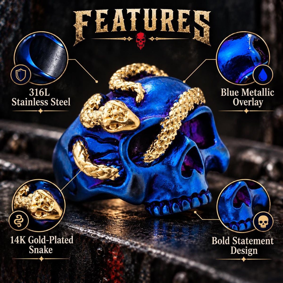 Blue Skull Snake Ring, 316L Stainless Steel Statement Ring, Gold Plated Snake, Sizes 9–13