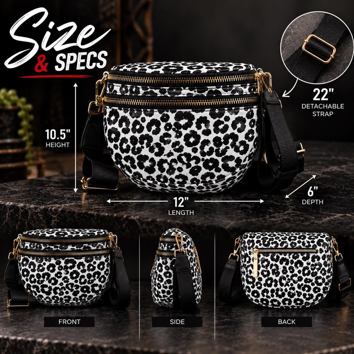 Black and White Leopard Crossbody Bag, Animal Print Shoulder Purse, Bold Everyday Faux Leather Handbag