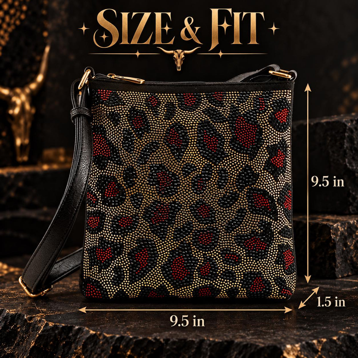 Leopard Rhinestone Crossbody Bag, Black Red Gold Animal Print Purse, Sparkly Statement Shoulder Bag